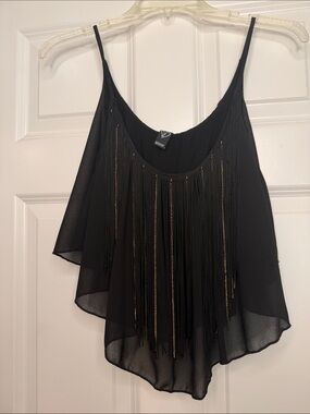 Beautiful Windsor Y2K Black Fringe Crop Camisole with Gold Accents